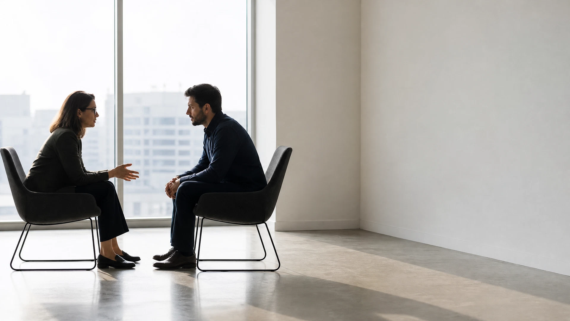 Slechtnieuwsgesprek tussen twee mensen tegenover elkaar bij een raam